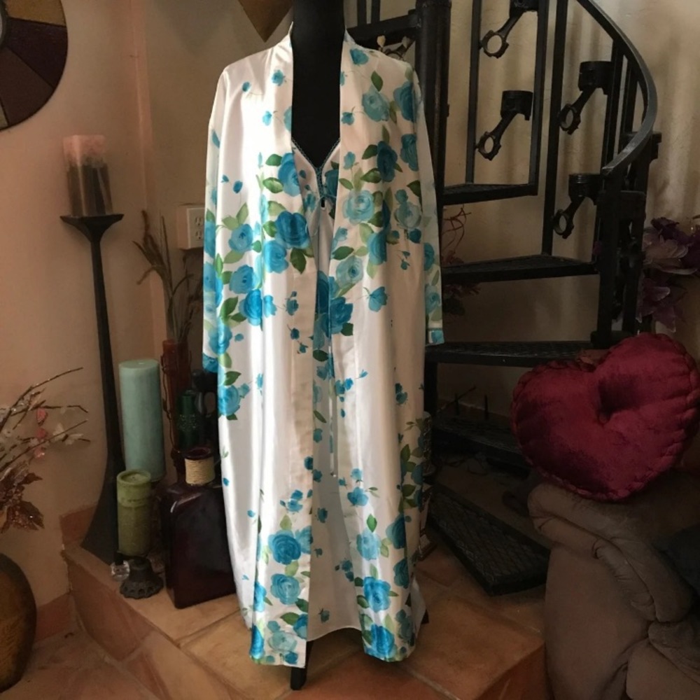 Vintage Satin Green Blue Floral Long Slip Dress Nightgown Robe